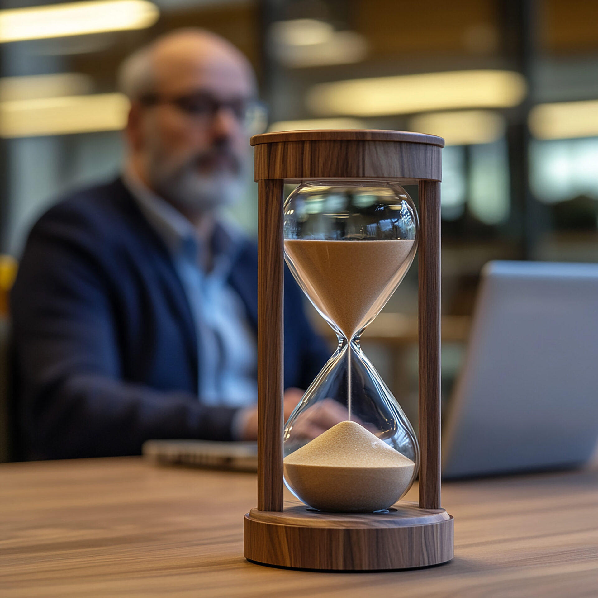Elegant Hourglass in a Modern Office Setting Signifying Time Management and Productivity